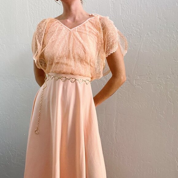 Vintage 1970's Coral Peach Lace Formal Maxi Gown - Picture 1 of 10